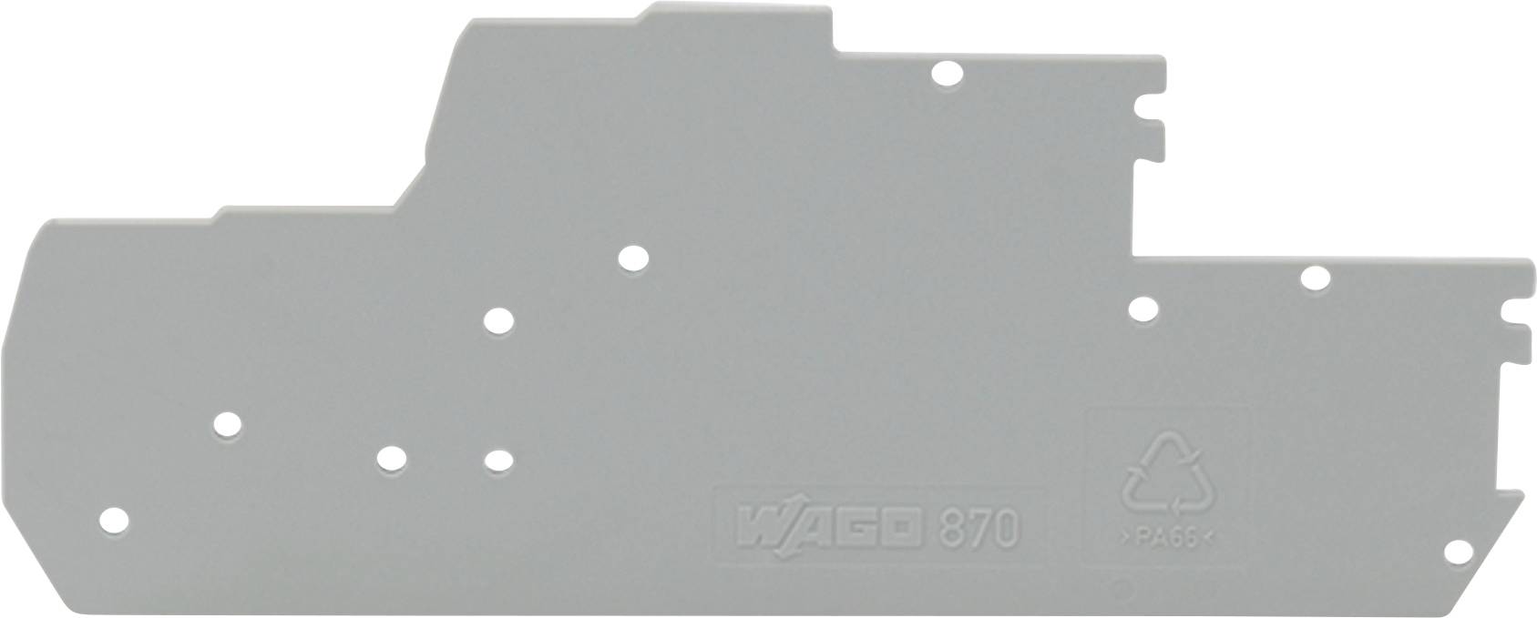 Šedý plastový panel s více otvory a textem „WAGO 870". Na pravé straně je viditelný symbol recyklace.