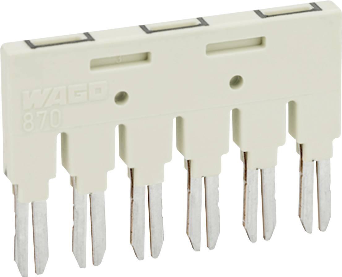 Krémově zbarvená elektrická součástka se šesti kovovými kolíky a značkou 'WAGO 870' vyrytou na povrchu.