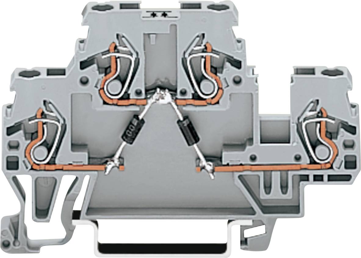 Šedý elektrotechnický svorkovnicový blok se šroubovacími svorkami, opatřený oranžovými a černými vodičovými spoji, používaný pro ochranu obvodu nebo zajištění vodivosti.