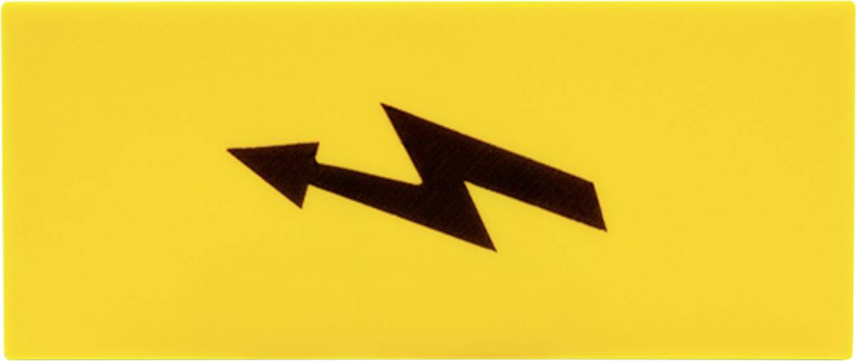 Černý symbol blesku a šipky na žlutém pozadí, označující směr nebo varování.