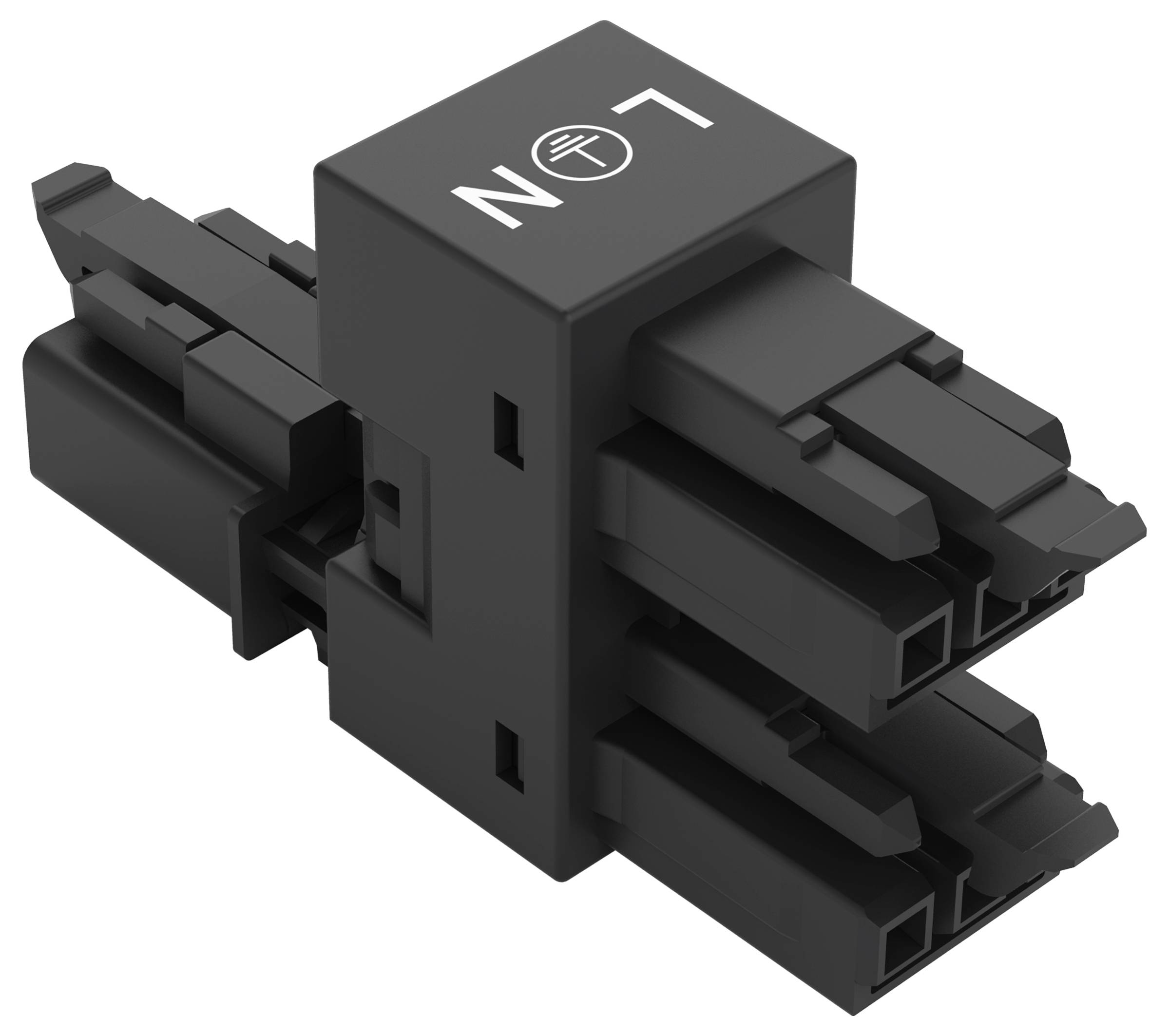 Černý plastový konektor s popiskami "N" a "L" zobrazující více zapojovacích svorek pro připojení elektrického vedení.