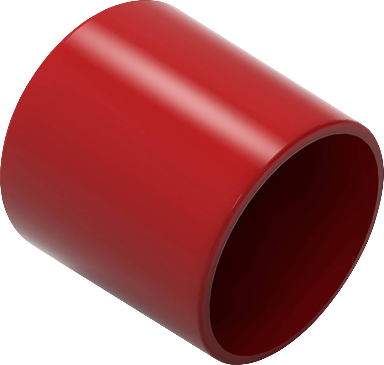 Lesklý červený válcový předmět, pravděpodobně plastová trubka nebo potrubí, nakloněný dolů na bílém pozadí.