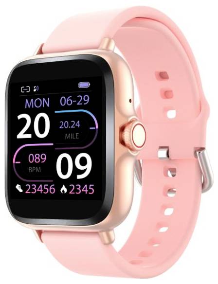 Růžové chytré hodinky zobrazují datum „Pondělí 06-29", kroky „23 456", kilometry „20,24", srdeční tep „89 BPM" a kalorie „2345".