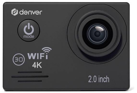 Kompaktní akční kamera značky 'denver', která má velký objektiv, tlačítko režimu a na přední straně nápisy 'WiFi 4K' a '2.0 palců'.
