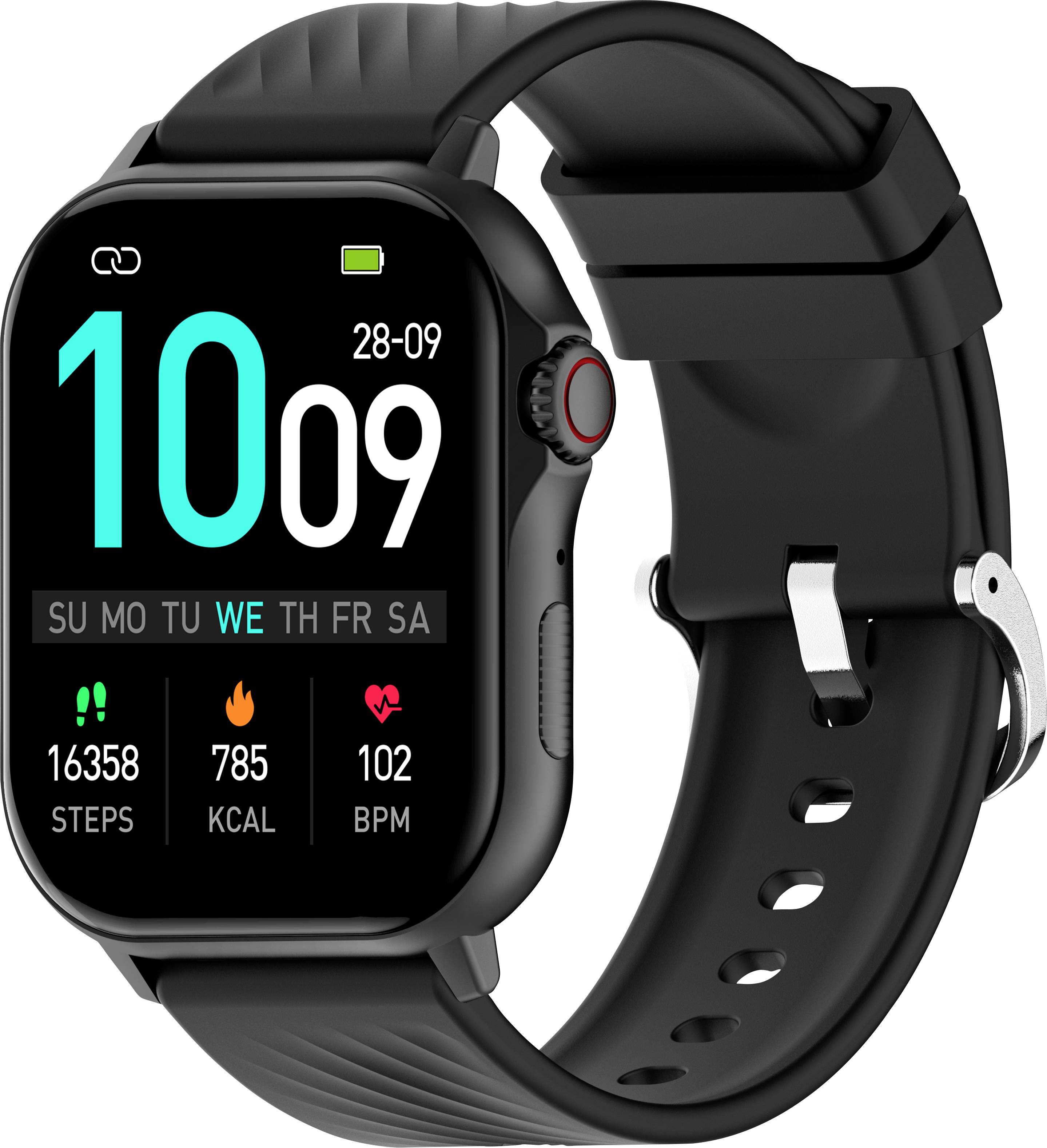 Chytré hodinky zobrazující čas '10:09', datum '28-09' a statistiky aktivit: '16358 kroků', '785 Kcal', '102 BPM'. Design s černým páskem.