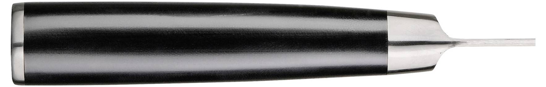 Černobílý nebo stříbrnočerný pero nebo stylus s bílým hrotem, zobrazený vodorovně na jednoduchém bílém pozadí.