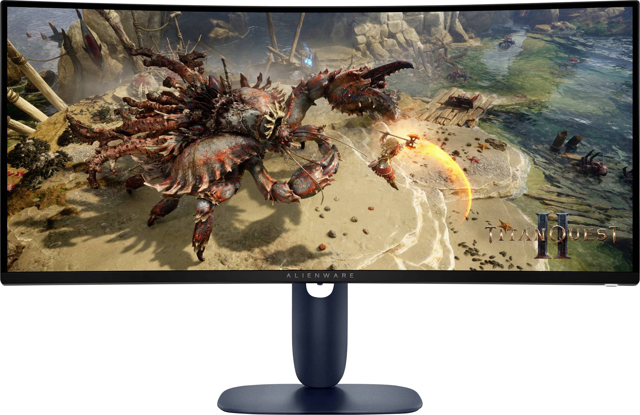 Alienware monitor zobrazující hru „Warhammer 40,000: Space Marine II" s detailní scénou bitvy zobrazující velká stvoření na pláži.