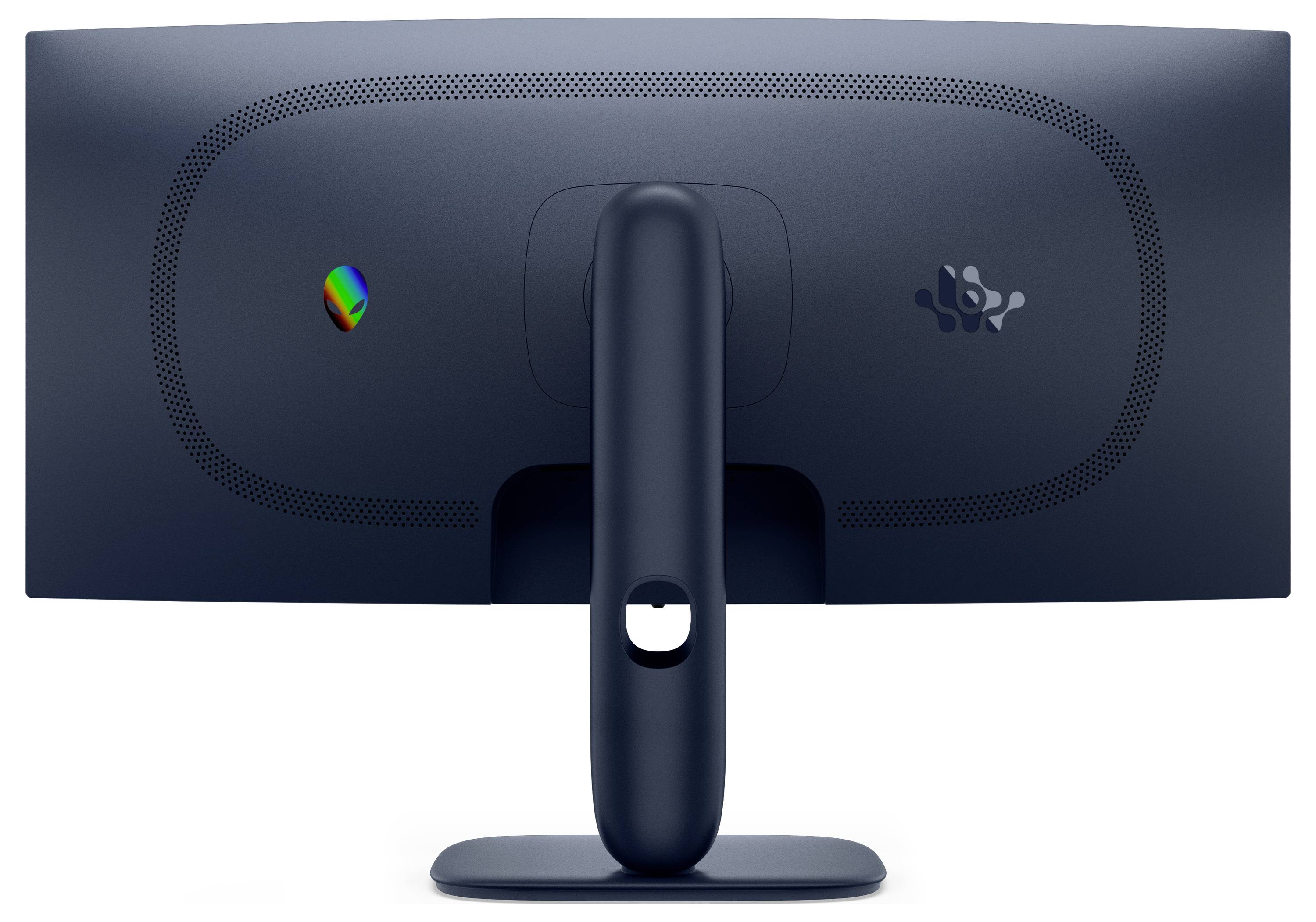 Zadní pohled na moderní monitor s širokouhlou obrazovkou, zakřiveným designem a jedinou nohou, který vykazuje logo značky a větrání.