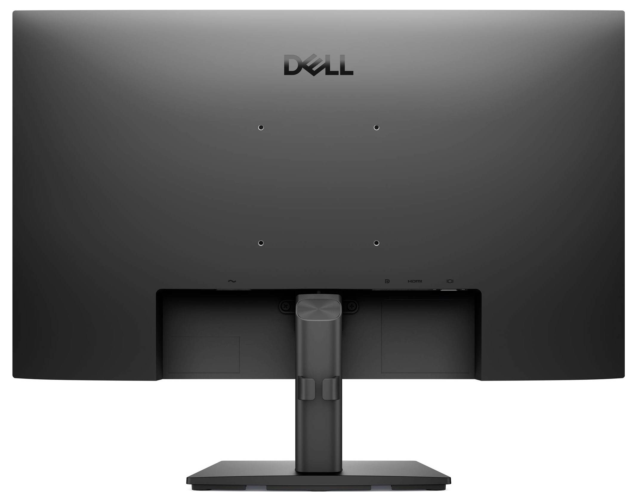 Obrázek znázorňuje zadní stranu černého počítačového monitoru Dell se stylizovaným, moderním designem, připevněným na obdélníkovém stojanu.