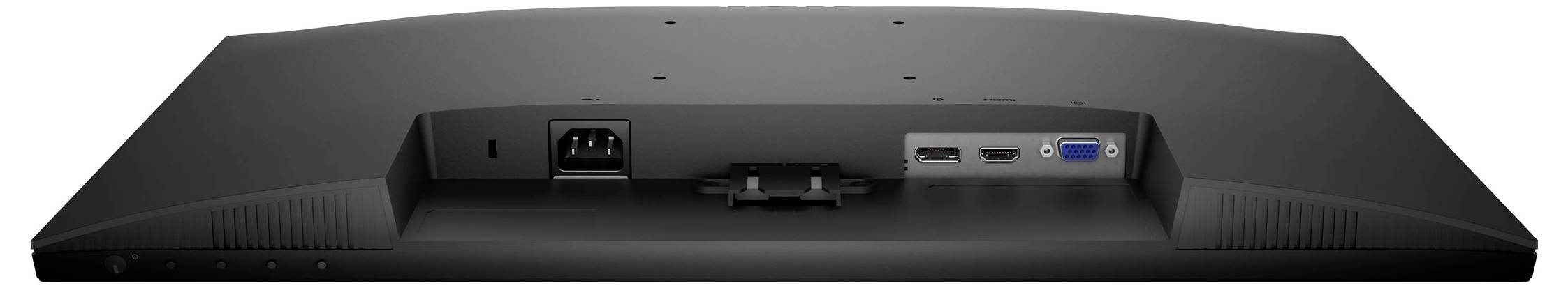 Zadní pohled na počítačový monitor ukazující různé porty: zásuvku napájení, HDMI, DisplayPort a VGA bez připojených kabelů.