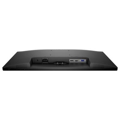Zadní pohled na počítačový monitor ukazující různé porty: zásuvku napájení, HDMI, DisplayPort a VGA bez připojených kabelů.