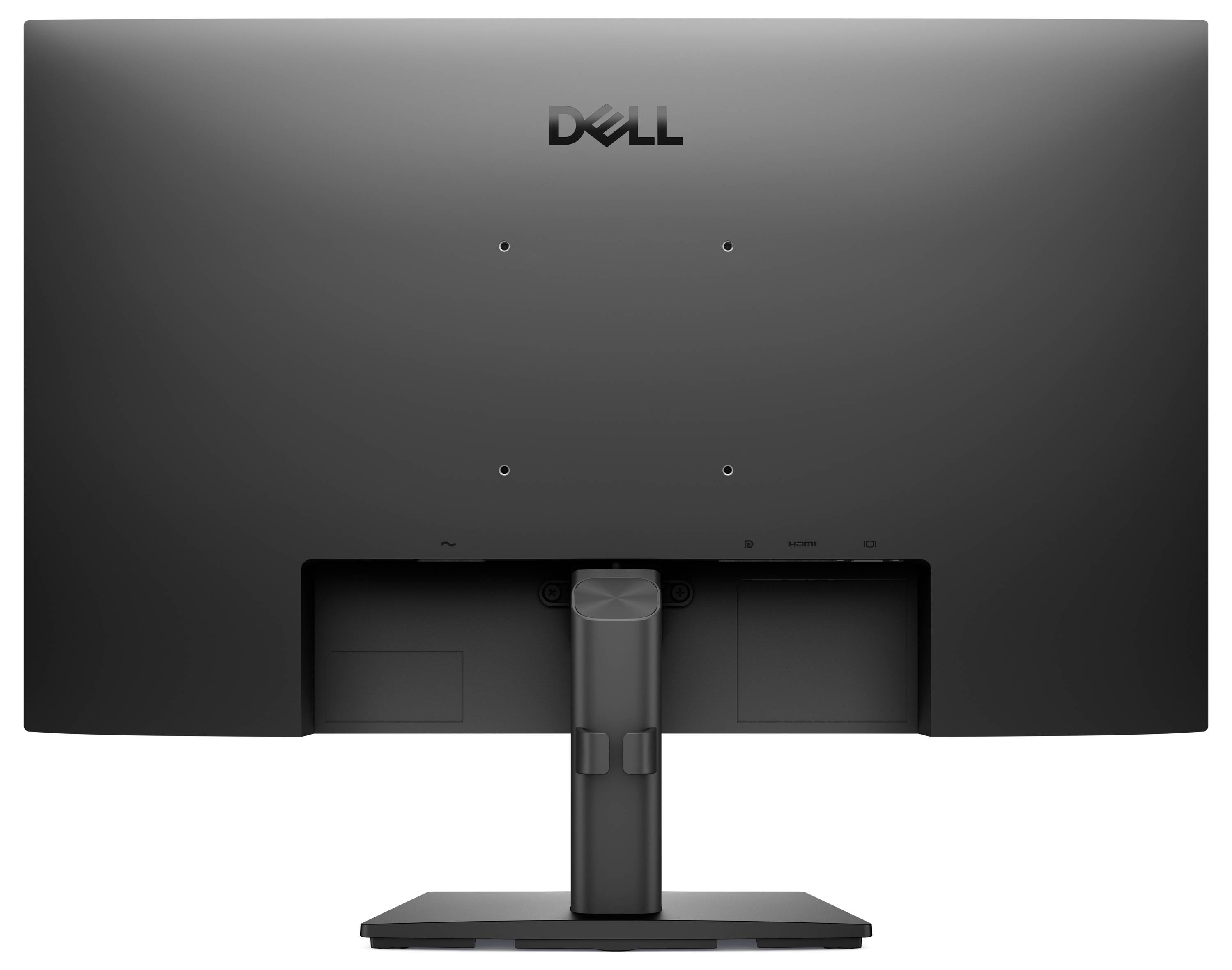Zadní pohled na černý monitor Dell na stojanu, který ukazuje body připojení a systém správy kabelů.