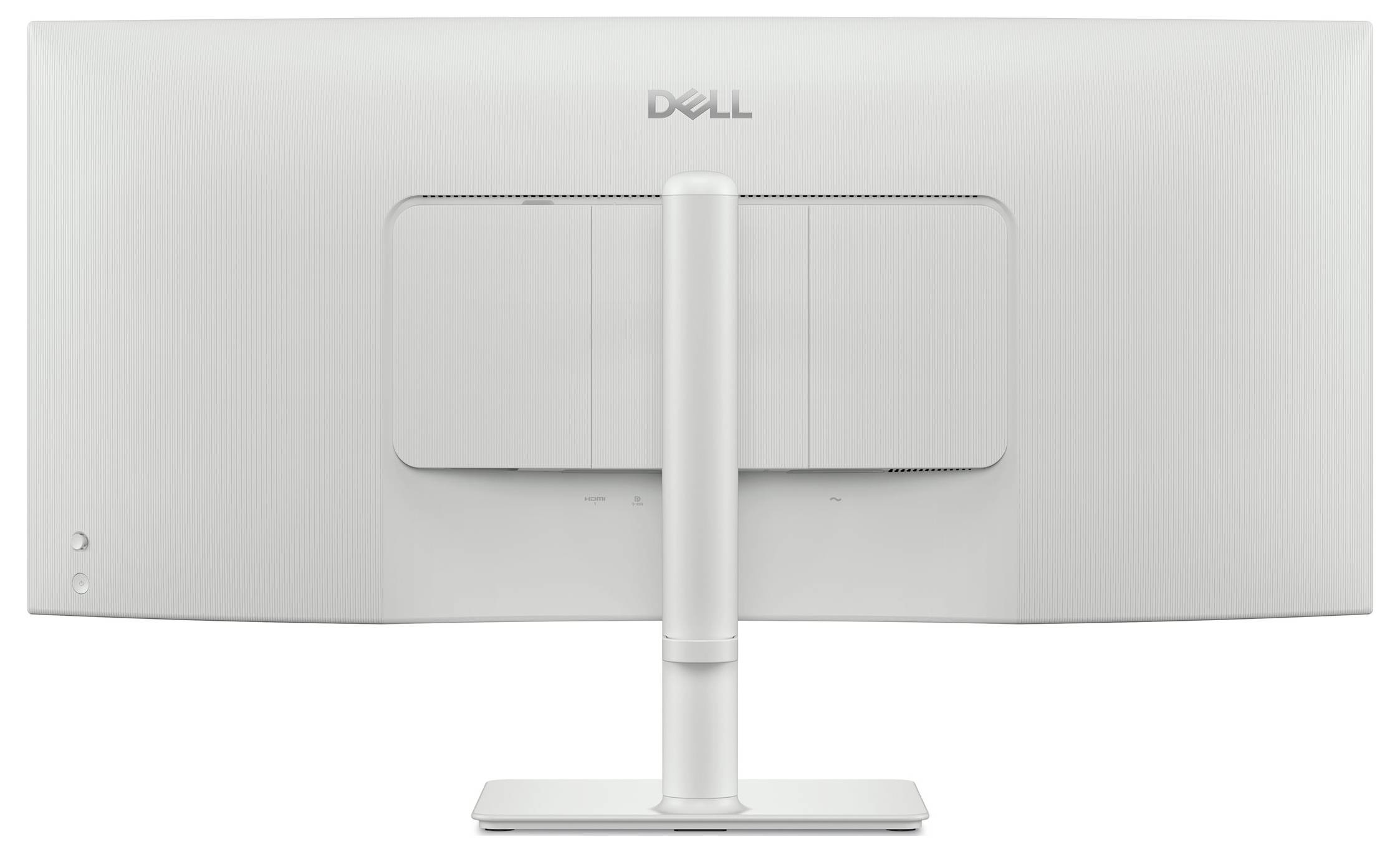 Bílý monitor Dell vyfotografovaný zezadu s centrálem stojánem a minimalistickým designem.