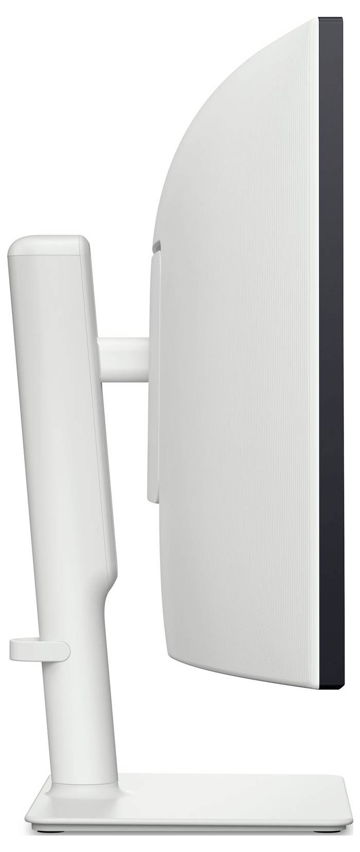 Boční pohled na moderní, elegantní počítačový monitor na stojanu, zdůrazňující jeho tenký profil a minimalistický design.