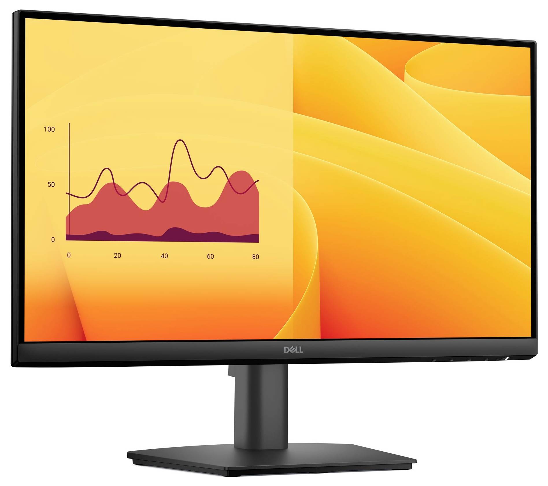 Počítačový monitor zobrazuje spojnicový a plošný graf s překrývajícími se červenými a růžovými tvary na vibrantním žluto-oranžovém abstraktním pozadí.
