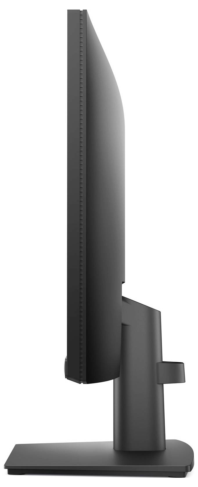 Bočný pohled na elegantní, moderní počítačový monitor s tenkým rámečkem, připevněný na pevném podstavci.