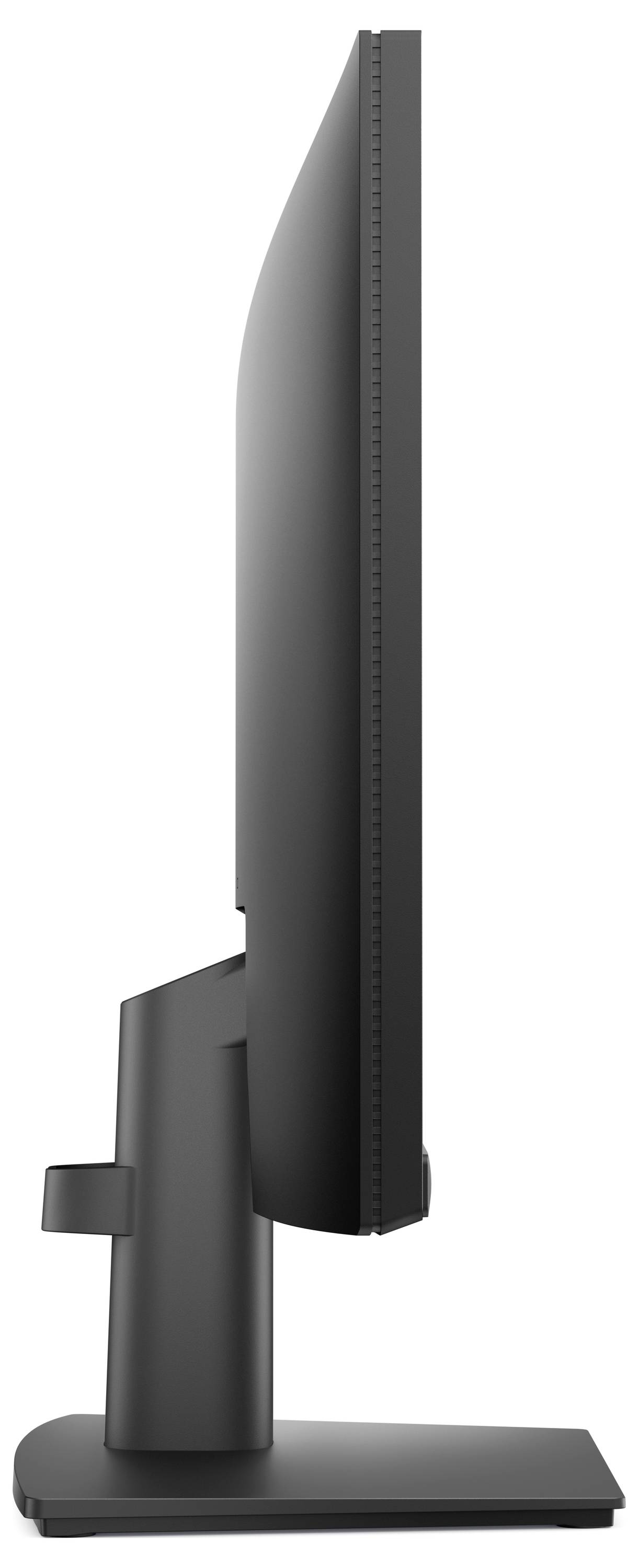 Tenký černý počítačový monitor videný z boku, ukazující jeho štíhlý profil a elegantní stojan.