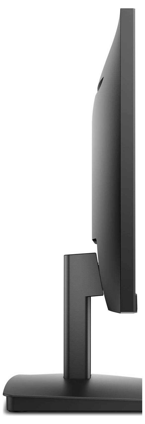 Boční pohled na moderní, černý plochý monitor s obdélníkovým podstavcem, který ukazuje jeho štíhlý profil a minimalistický design.