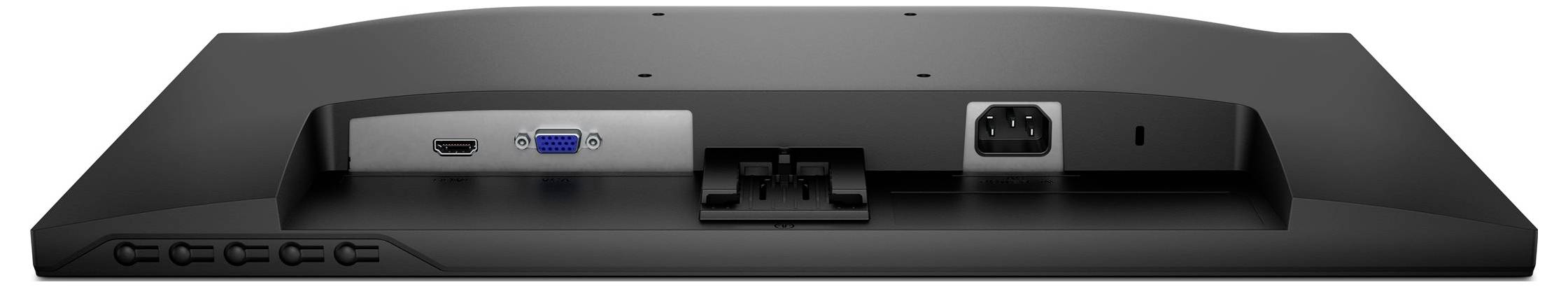 'Zadní pohled monitoru s vstupními porty. Zahrnuje VGA port, HDMI port, konektor napájení a tlačítka ovládání na straně.'
