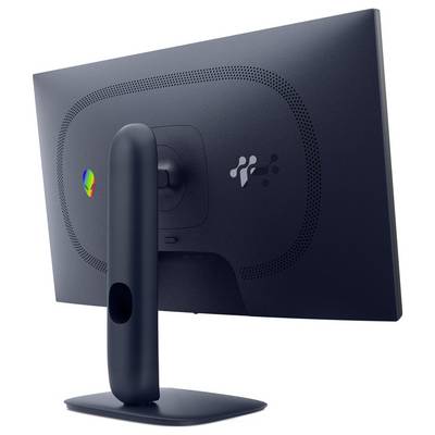 Zadní pohled na moderní počítačový monitor se dvěma logy na zadní straně, umístěný na zakřiveném stojanu, zdůrazňující elegantní design.