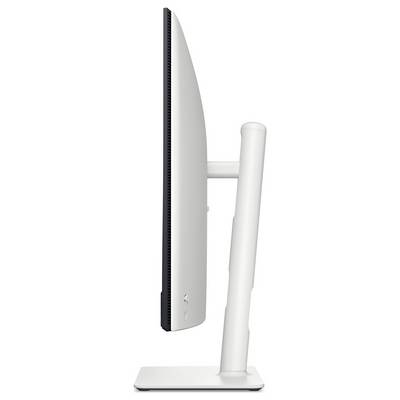 Boční pohled na tenký moderní počítačový monitor na stojanu, zdůrazňující jeho štíhlý design a minimalistickou estetiku.