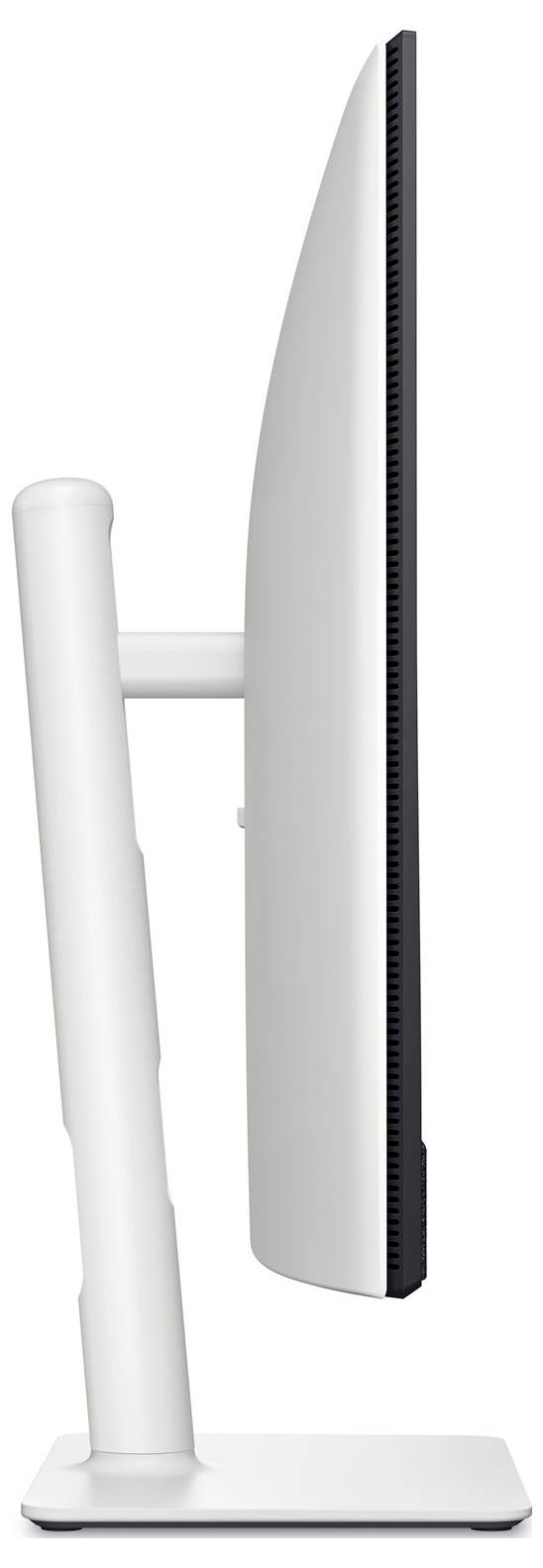 Boční pohled na elegantní, tenký počítačový monitor s minimalistickým bílým stojanem. Obrazovka je lehce zakřivená, což zdůrazňuje její moderní design.