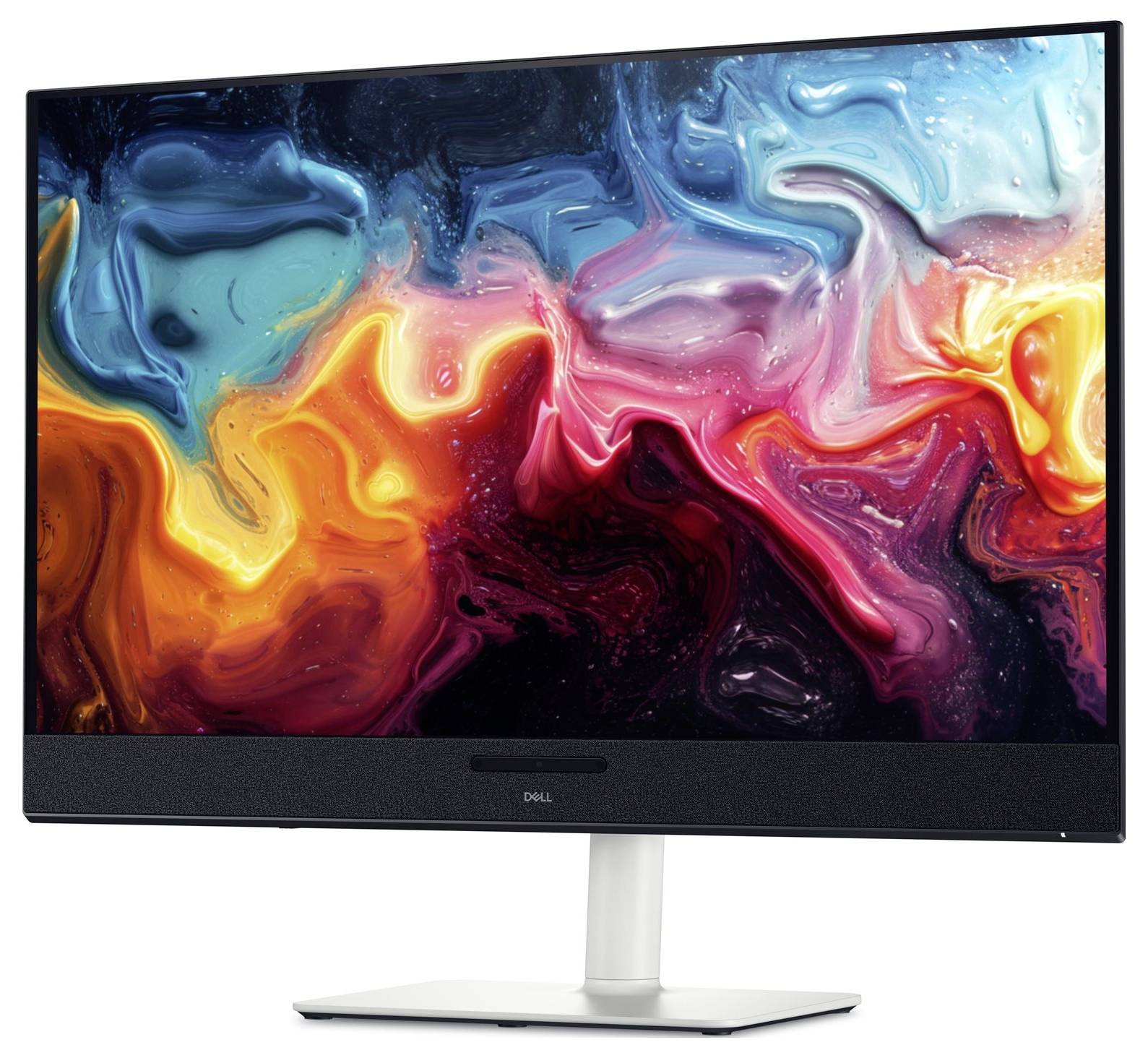 Boční pohled na moderní, tenký černý počítačový monitor na stojanu.