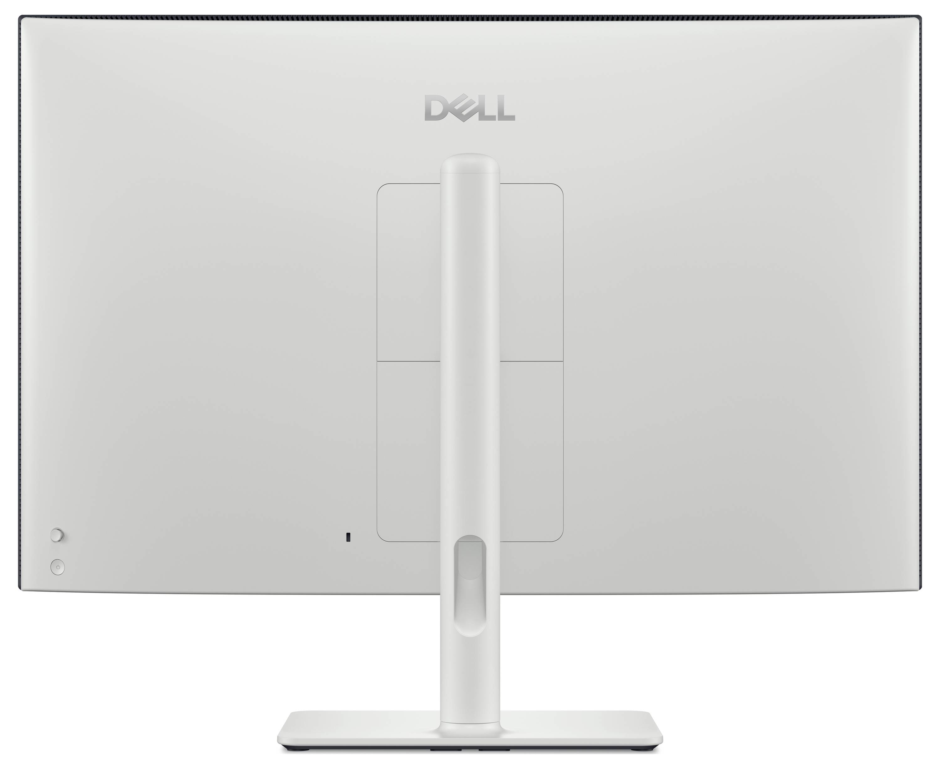 Zadní pohled na bílý počítačový monitor Dell se stylizovaným stojanem, zaměřený na minimalistický design a funkce správy kabelů.