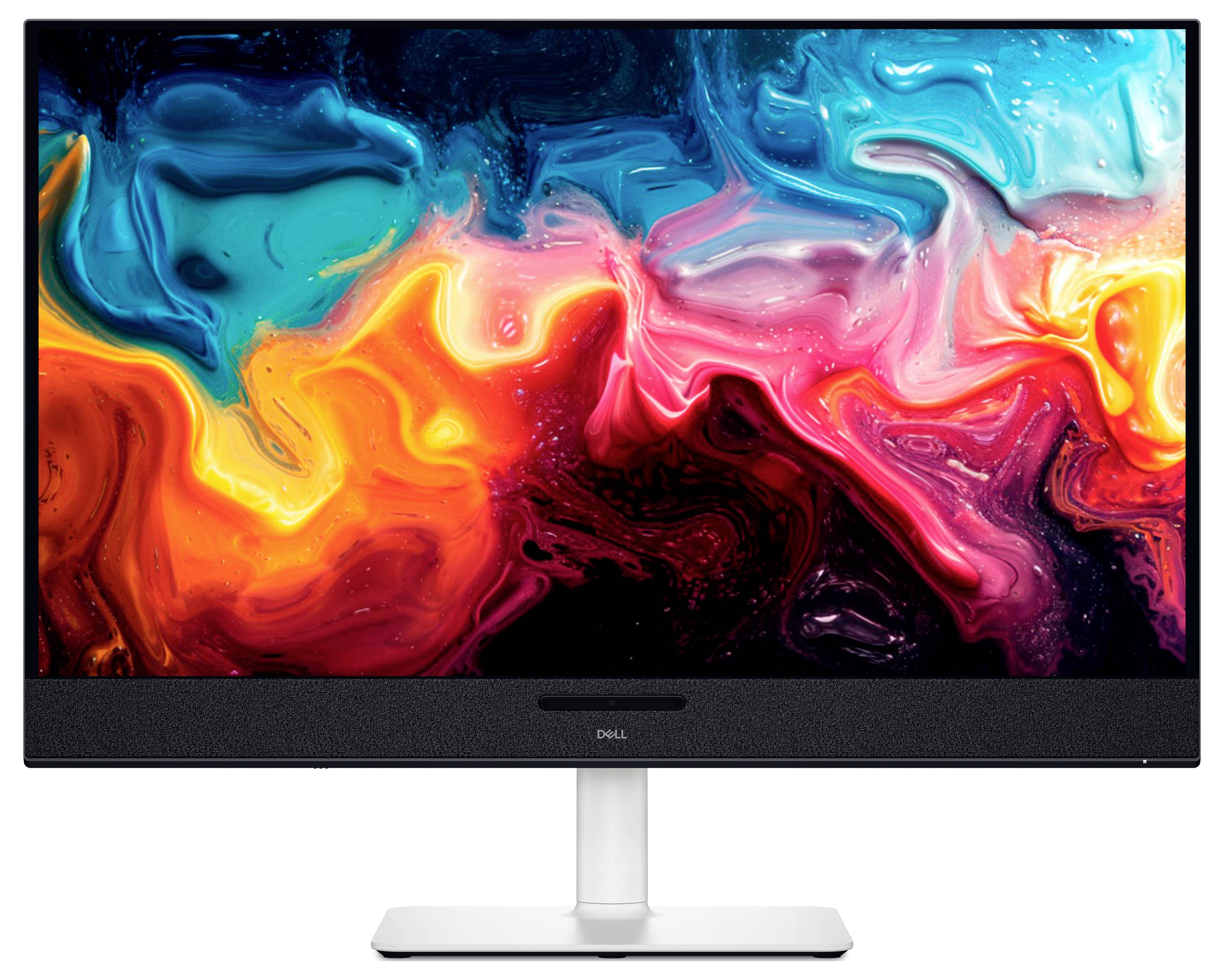 Monitor Dell zobrazující abstraktní design s purpurovými a modrými vířícími tvary, umístěný na elegantním černém podstavci.