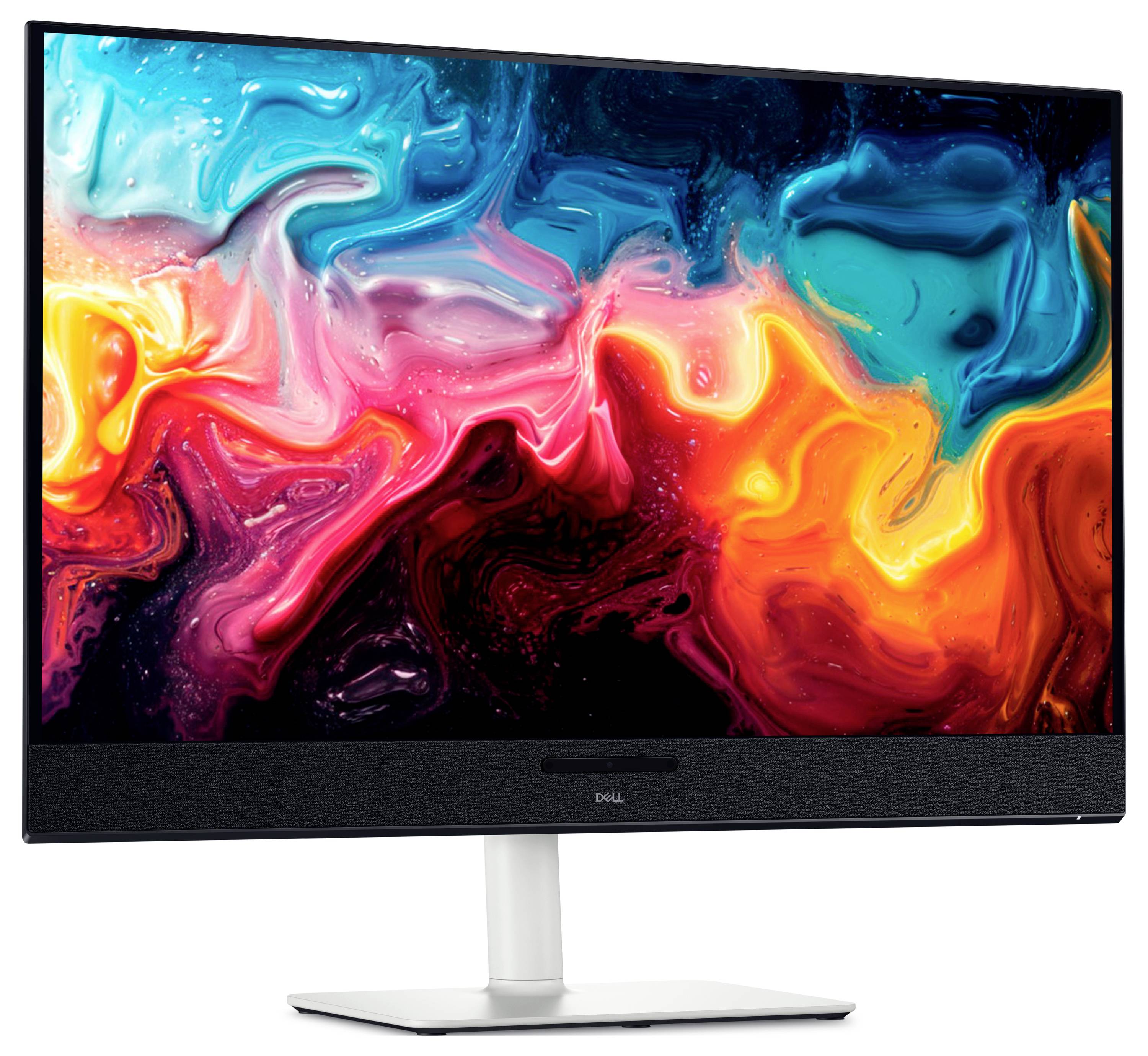 Elegantní monitor Dell zobrazuje barevný, abstraktní vír živých modrých, červených, žlutých a růžových barev, což demonstruje jasný a živý displej obrazovky.