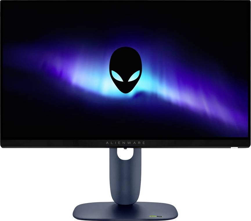 Monitor "Alienware" se zářícím logem cizince na displeji, umístěný na modrém a fialovém kosmickém pozadí, na elegantním modrém podstavci.