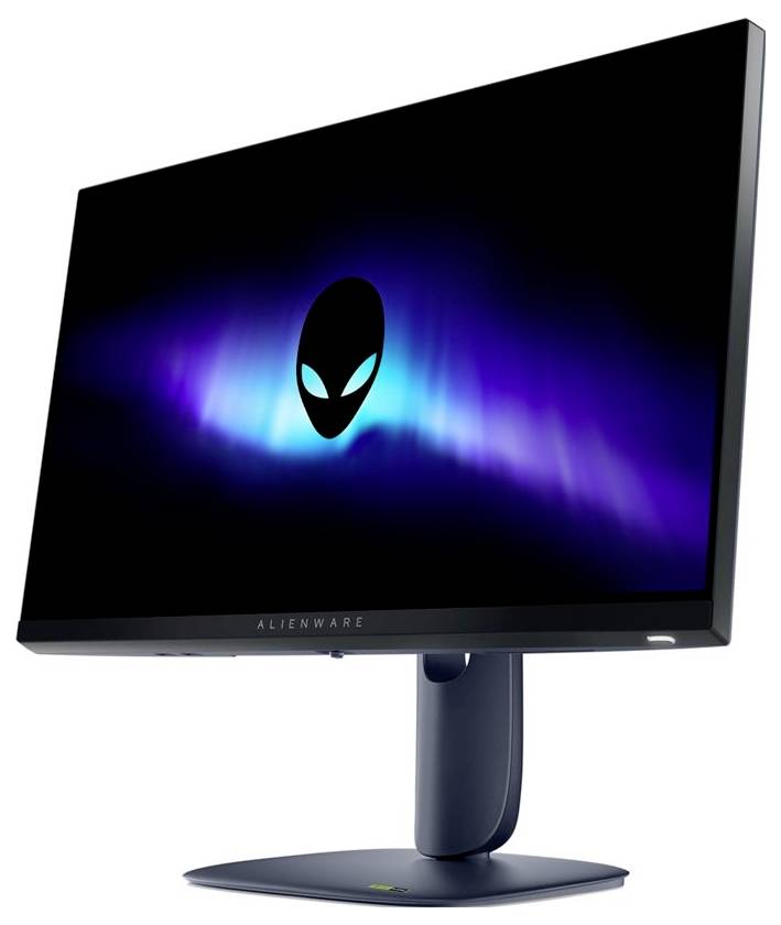 'Monitor Alienware zobrazující obrázek se svítícím logem cizince na gradientním modrém a purpurovém pozadí.'