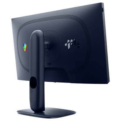 Elegantní, moderní počítačový monitor pohled zezadu, který zvýrazňuje jeho zakřivený stojan a minimalistický design.