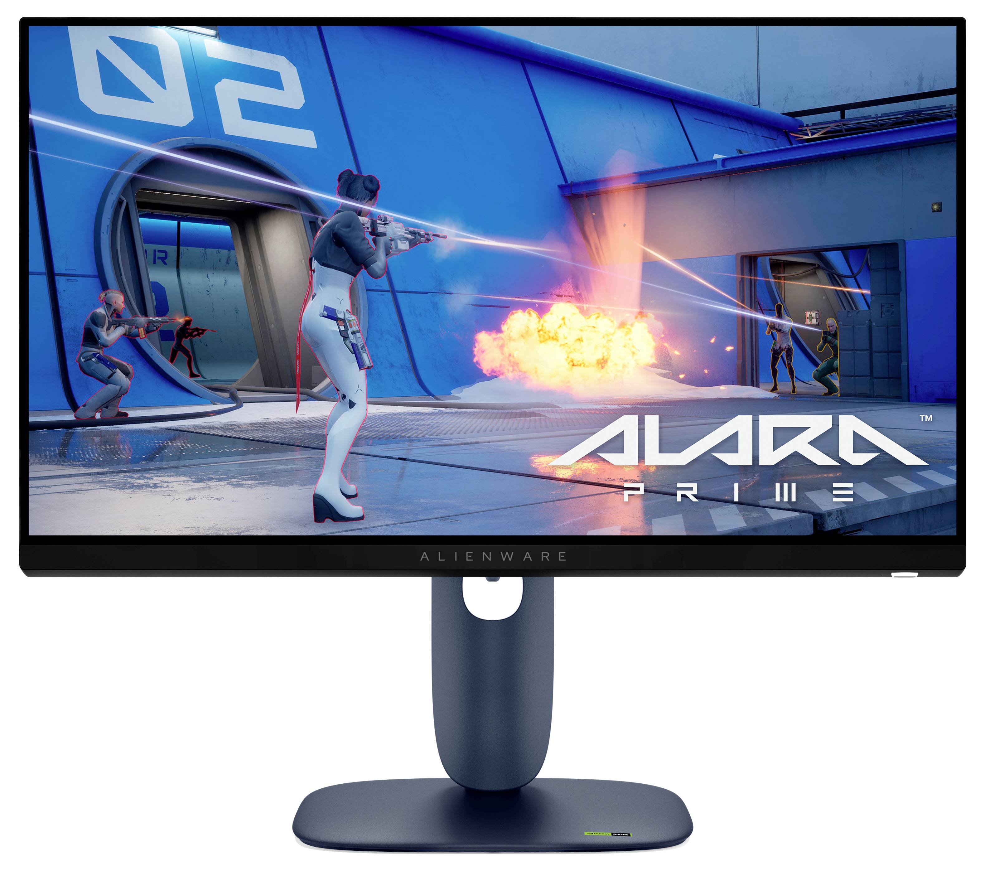 Monitor zobrazuje futuristickou scénu z videohry s postavami v boji, explozemi a viditelným názvem "Alara Prime" na obrazovce.