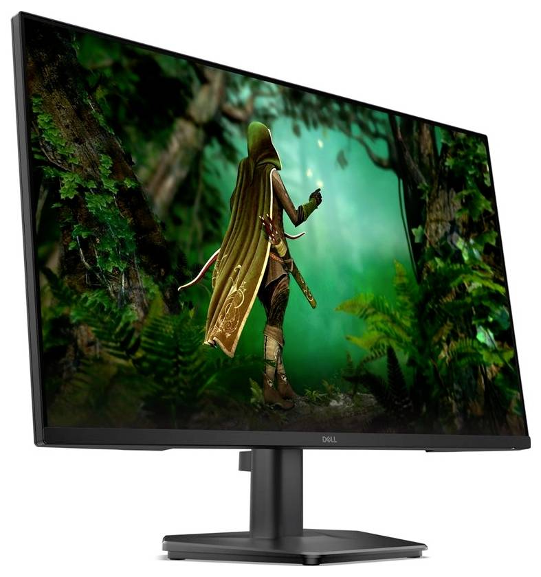 Monitor zobrazující fantasy scénu s plášťovaným lukostřelcem v zeleném lese, který drží svítící předmět.