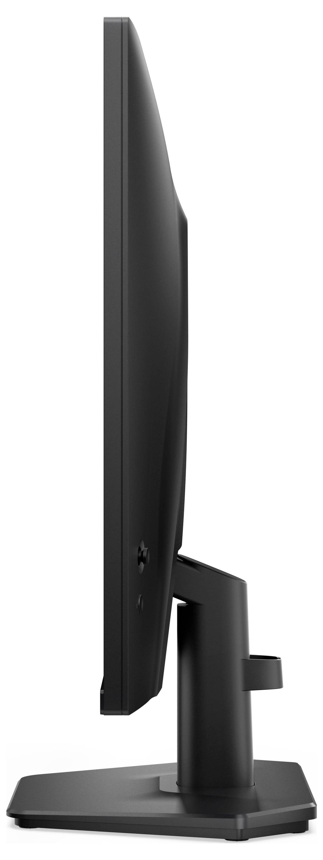 Boční pohled na štíhlý černý počítačový monitor na stojanu, který zobrazuje jeho elegantní design a tenký profil.
