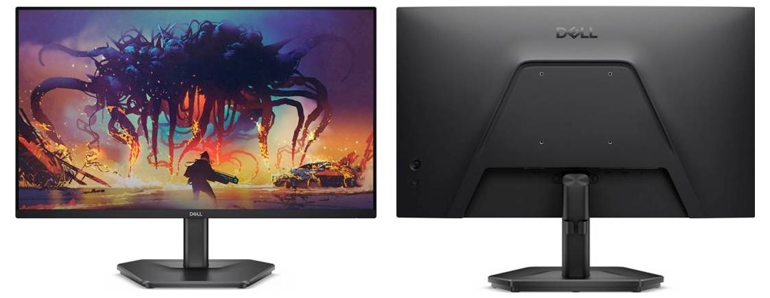 Přední a zadní pohled na monitor Dell. Přední strana zobrazuje živou grafiku z videohry s monstrem a hráčem; zadní strana ukazuje stojan monitoru.