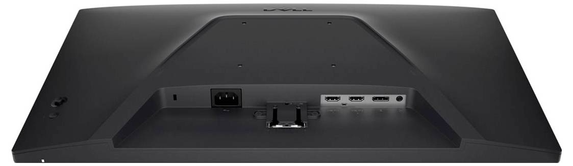 Zadní pohled na monitor s viditelným vstupem napájecího zdroje a různými porty pro připojení, včetně HDMI a USB, na plochém černém povrchu.