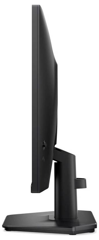 Štíhlý, černý počítačový monitor pohledaný ze strany, prezentující svůj elegantní design a robustný podstavec, vhodný pro moderní pracovní prostory.