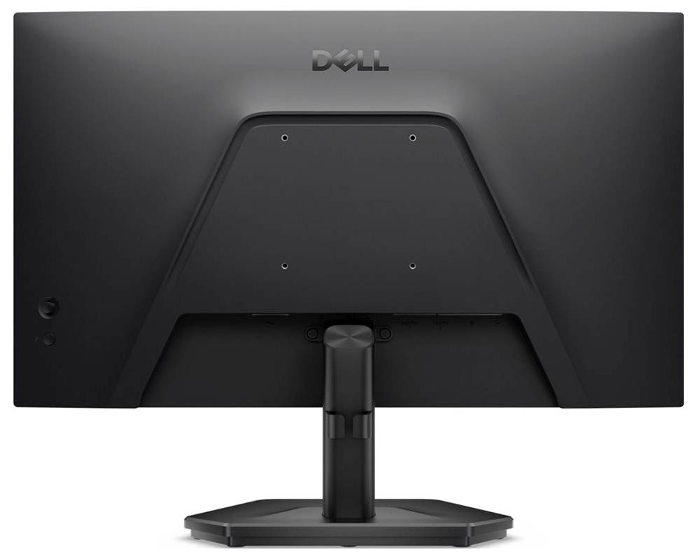 Černý monitor Dell pohledaný zezadu, vybavený jednoduchým stojanem a elegantním designem, vhodný pro stolní počítač nebo kancelářské použití.