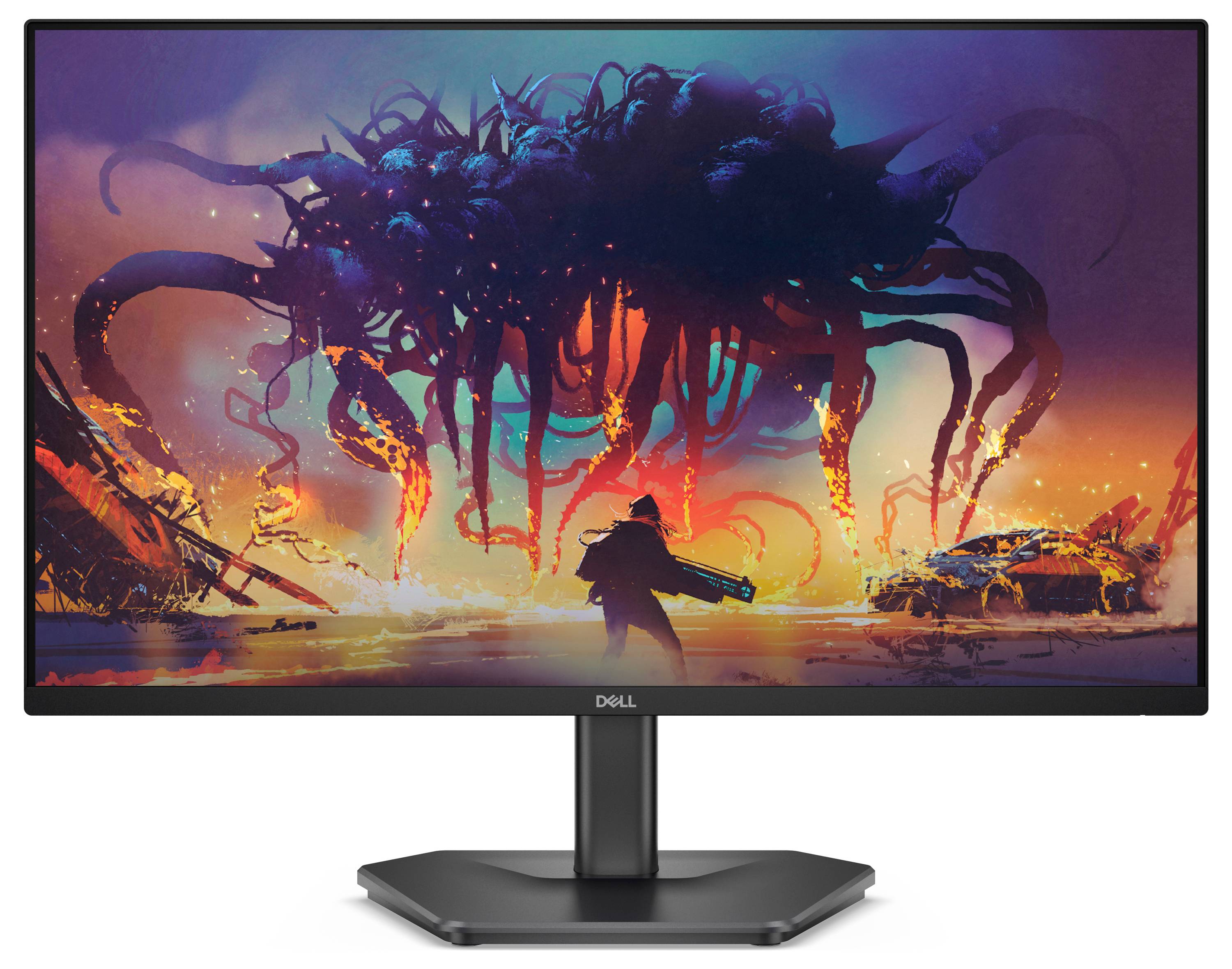 Monitor Dell zobrazuje zářivý obraz siluety osoby stojící tváří v tvář obrovskému, vířícímu tvoru s chapadly pod barevnou oblohou.