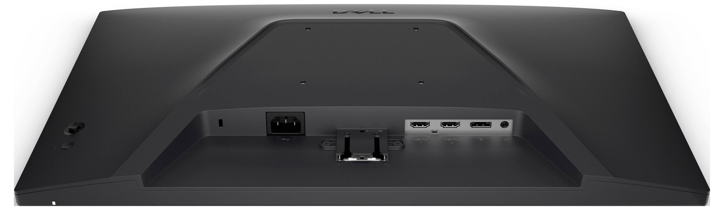 Zadní pohled černého monitoru Dell zobrazující jeho porty: dva HDMI, jeden DisplayPort a konektor napájení.