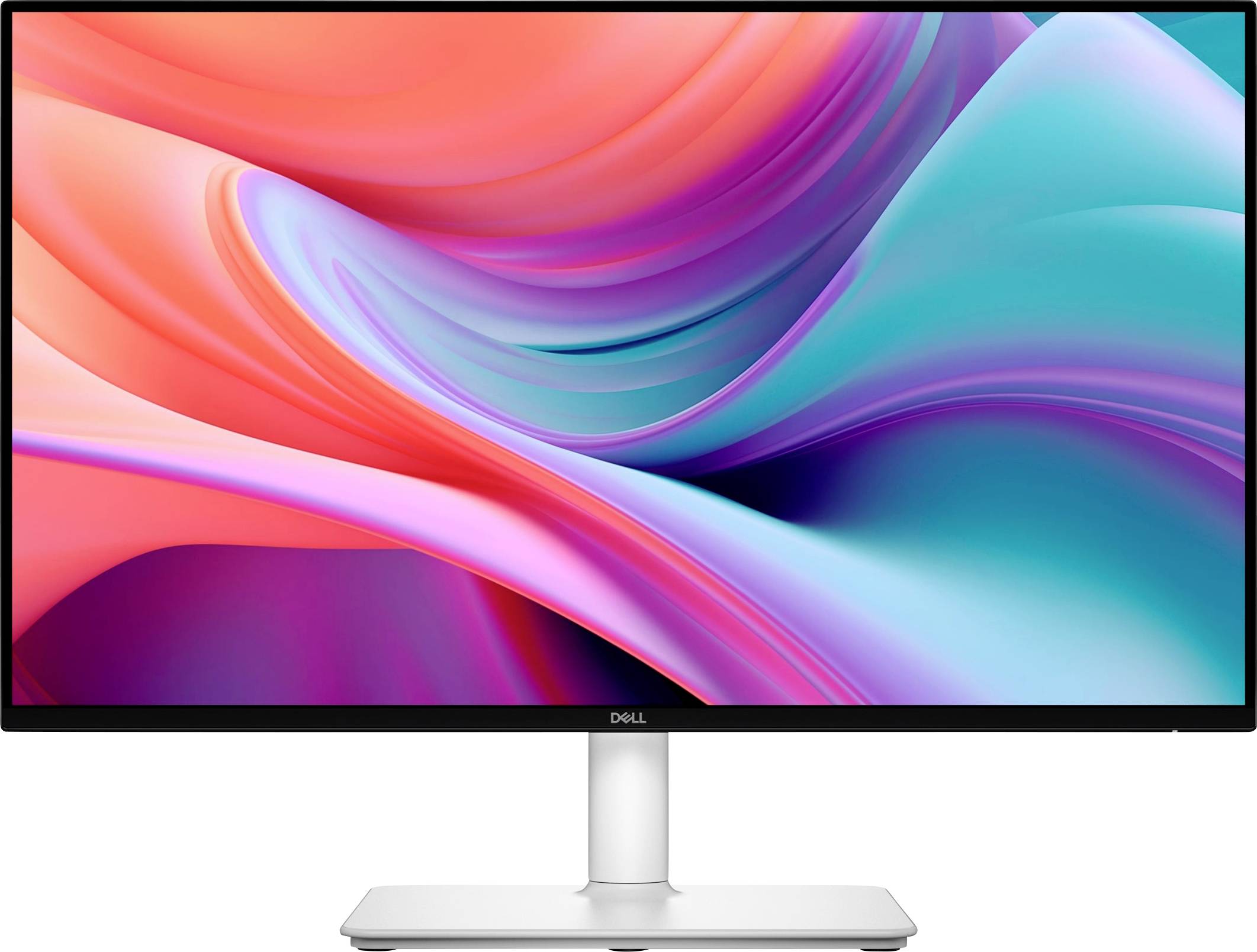Monitor Dell zobrazuje živoucí abstraktní design se svinutými růžovými, červenými a tyrkysovými barvami, které vytváří dynamický vizuální efekt.