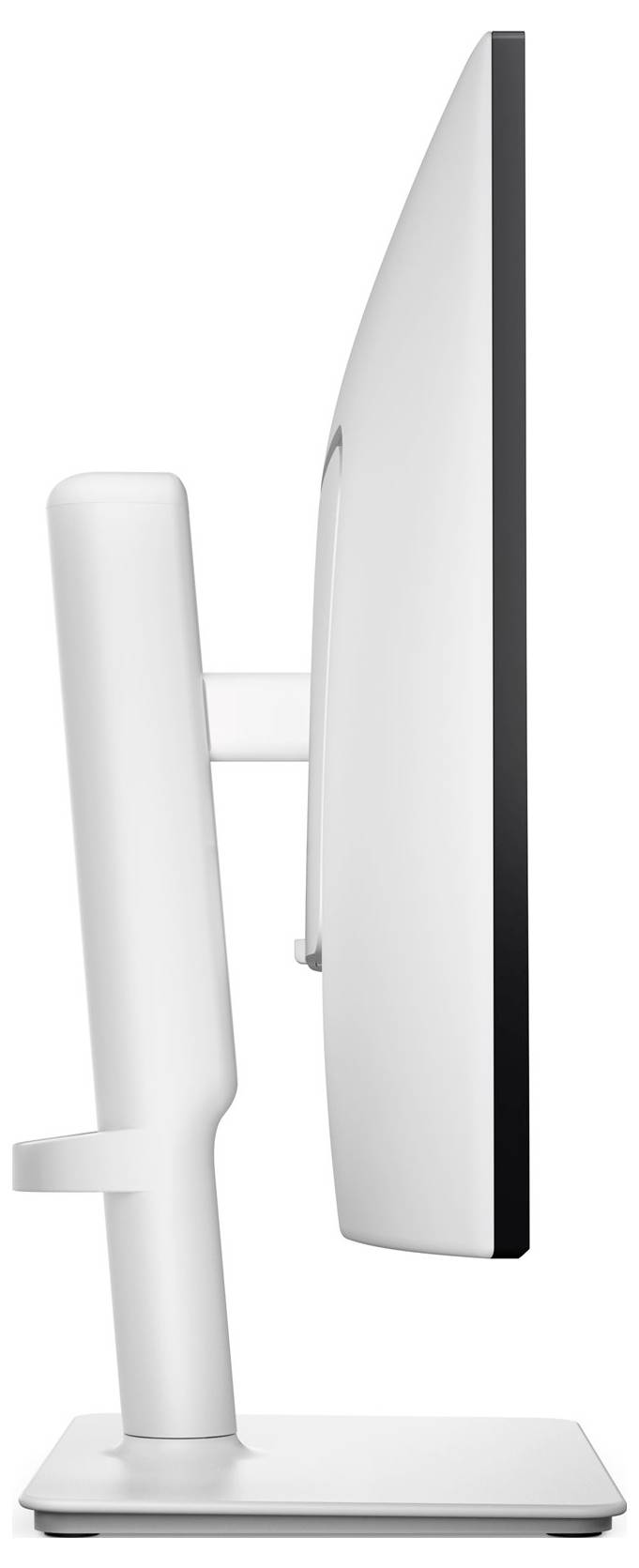 'Boční pohled na štíhlý, moderní počítačový monitor s bílou podstavcou, zdůrazňující jeho tenký profil a minimalistický design.'