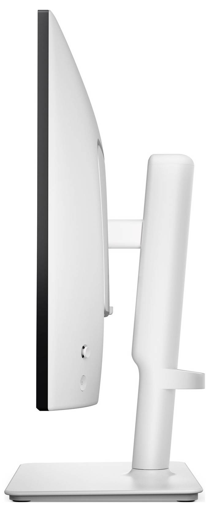 Boční pohled na tenký, moderní počítačový monitor se sleek, minimalistickým designem s zakřivenou zadní stranou a stabilním stojanem.