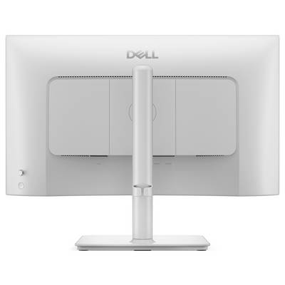 Zadní pohled na moderní počítačový monitor se štíhlým, zakřiveným designem, který vykazuje minimalistický podstavec a kulaté barevné logo.