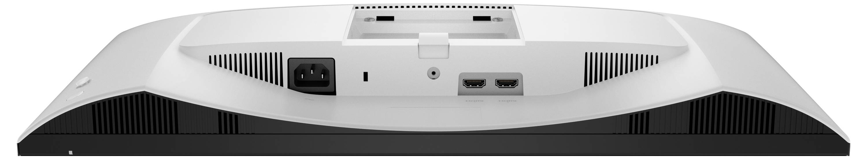 Pohled zezadu na počítačový monitor s viditelným napájecím portem a portem HDMI, větrací otvory a upevňovací konzola.