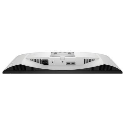 Pohled zezadu na počítačový monitor s viditelným napájecím portem a portem HDMI, větrací otvory a upevňovací konzola.