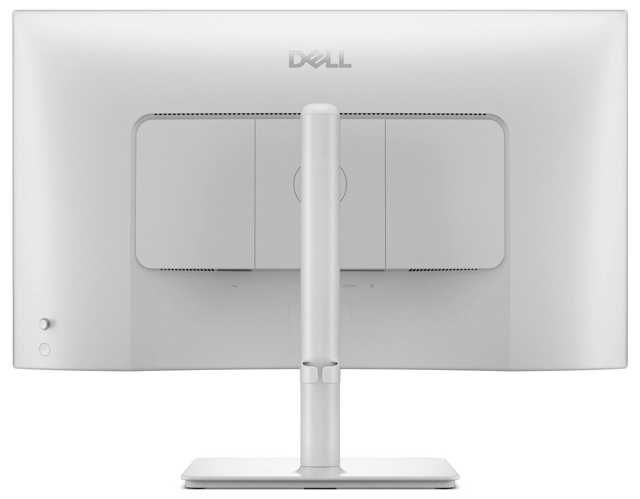 Zadní pohled na počítačový monitor Dell ukazuje elegantní design s robustním stojanem a logem Dell v horní střední části.