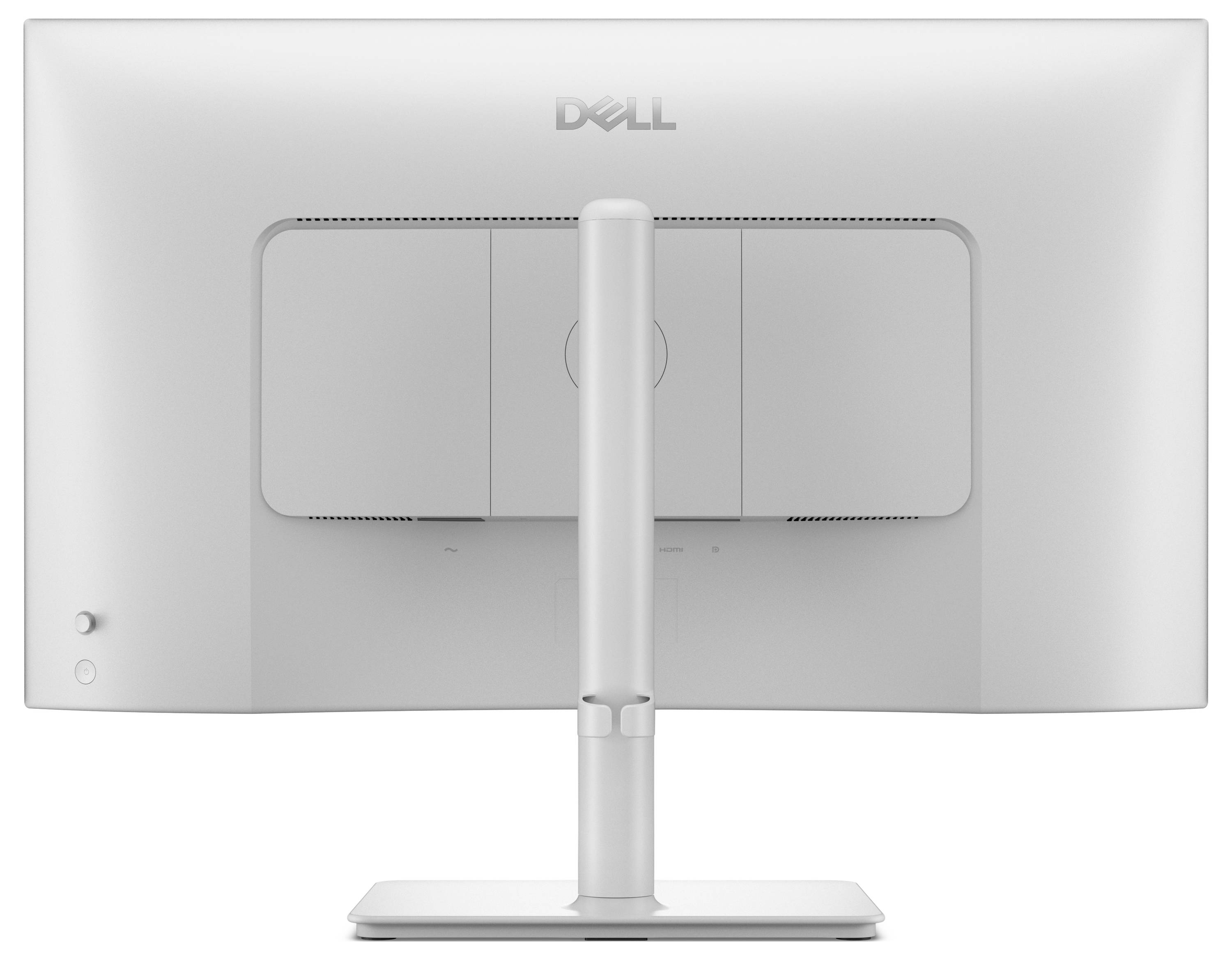 'Zadní pohled na monitor Dell s nastavitelným stojanem, představující jeho elegantní design a duální krytí zadní strany.'